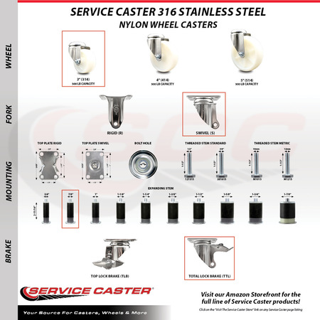 Service Caster 3 Inch 316SS Nylon Wheel Swivel 7/8 Inch Expanding Stem Caster Set Lock Brake SCC-SS316TTLEX20S314-NYS-78-4
